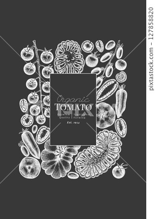 Hand Drawn Chalk Board Tomato Illustration. Retro Vegetable Vector Design Template. Old School Farm Food. 127858820