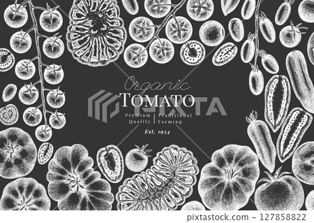 Hand Drawn Chalk Board Tomato Illustration. Retro Vegetable Vector Design Template. Old School Farm Food. 127858822