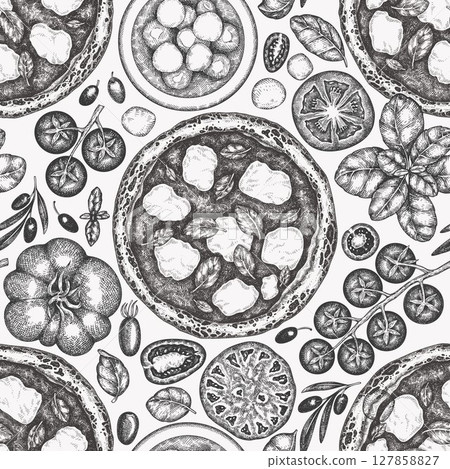 Hand Drawn Vector Pizza Illustration. Retro Margarita Pizza Seamless Pattern. Old School Italian Food Background 127858827