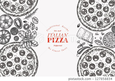 Hand Drawn Vector Pizza Illustration. Retro Pepperoni Pizza Design Template. Old School Italian Food 127858834