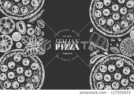 Hand Drawn Vector Pizza Illustration. Retro Pepperoni Pizza Chalk Board Design Template. Old School Italian Food Hand Drawn Vector Pizza Illustration. Retro Pepperoni Pizza Chalk Board Design Template. Old School Italian Food 127858835