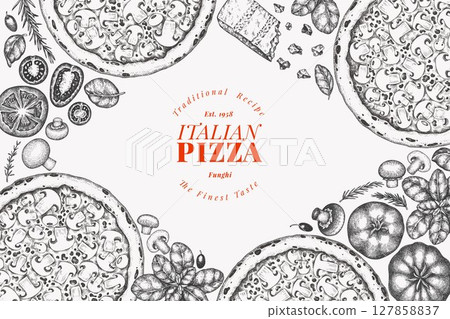 Hand Drawn Vector Pizza Illustration. Retro Mushroom Pizza Design Template. Old School Italian Food Hand Drawn Vector Pizza Illustration. Retro Mushroom Pizza Design Template. Old School Italian Food 127858837