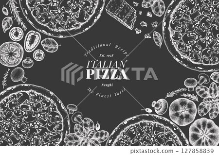 Hand Drawn Vector Pizza Illustration. Retro Mushroom Pizza Chalk Board Design Template. Old School Italian Food 127858839