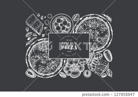 Hand Drawn Vector Pizza Illustration. Retro Cheese Pizza Chalk Board Design Template. Old School Italian Food 127858847