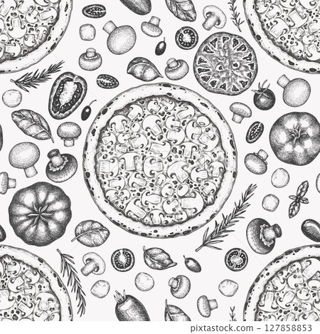 Hand Drawn Vector Pizza Illustration. Retro Mushroom Pizza Seamless Pattern. Old School Italian Food Hand Drawn Vector Pizza Illustration. Retro Mushroom Pizza Seamless Pattern. Old School Italian Food 127858853