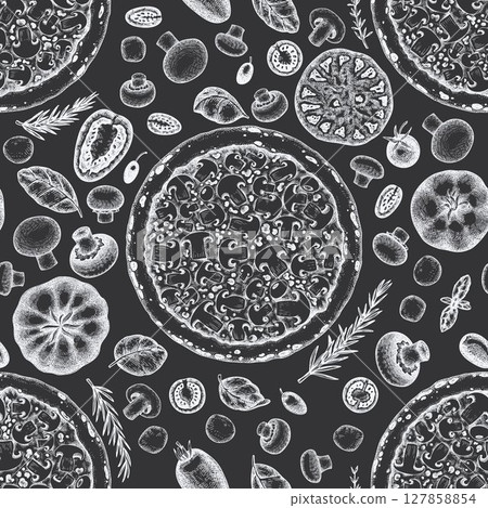 Hand Drawn Vector Pizza Illustration. Retro Mushroom Pizza Chalk Board Seamless Pattern. Old School Italian Food 127858854