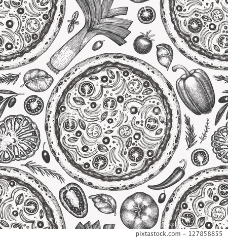 Hand Drawn Vector Pizza Illustration. Retro Vegetarian Pizza Seamless Pattern. Old School Italian Food 127858855