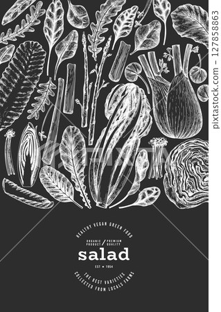 Vegetable Design Template. Vector Hand Drawn Leaf Salad Banner. Vintage Style Menu Illustration On Chalk Board. Vegetable Design Template. Vector Hand Drawn Leaf Salad Banner. Vintage Style Menu Illustration On Chalk Board. 127858863