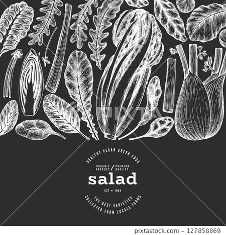 Vegetable Design Template. Vector Hand Drawn Leaf Salad Banner. Vintage Style Menu Illustration On Chalk Board. 127858869