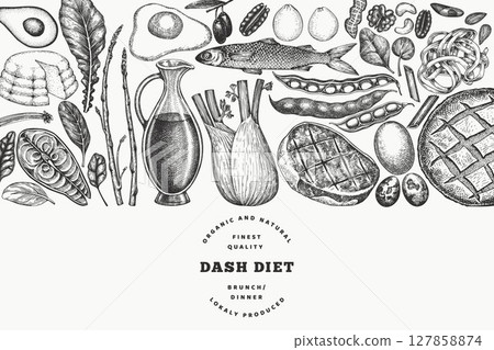 Dash Diet Design Template. Vector Hand Drawn Healthy Food Banner. Vintage Style Menu Illustration. 127858874