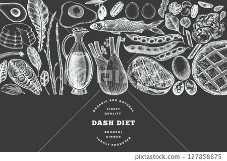 Dash Diet Design Template. Vector Hand Drawn Chalk Board Healthy Food Banner. Vintage Style Menu Chalkboard Illustration. Dash Diet Design Template. Vector Hand Drawn Chalk Board Healthy Food Banner. Vintage Style Menu Chalkboard Illustration. 127858875