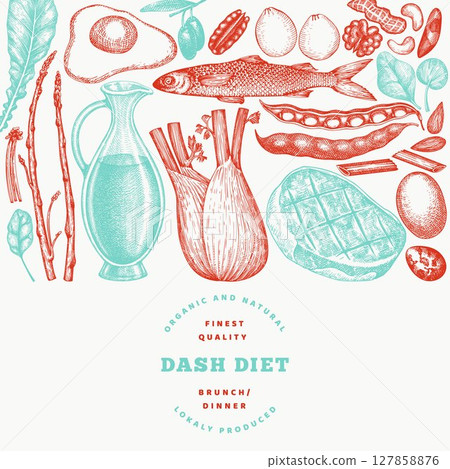 Dash Diet Design Template. Vector Hand Drawn Healthy Food Banner. Vintage Style Menu Illustration. 127858876