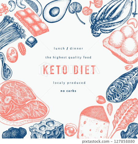 Keto Diet Design Template. Vector Hand Drawn Healthy Food Banner. Vintage Style Ketogenic Menu Illustration. Keto Diet Design Template. Vector Hand Drawn Healthy Food Banner. Vintage Style Ketogenic Menu Illustration. 127858880