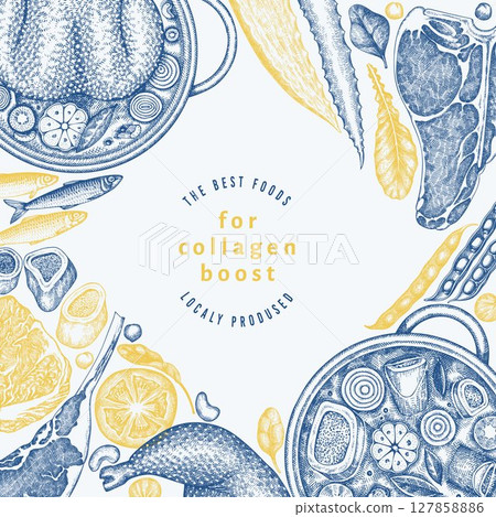 Collagen Diet Design Template. Vector Hand Drawn Healthy Food Banner. Vintage Style Collagen Bust  Menu Illustration. 127858886