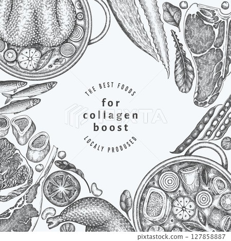 Collagen Diet Design Template. Vector Hand Drawn Healthy Food Banner. Vintage Style Collagen Bust Menu Illustration. Collagen Diet Design Template. Vector Hand Drawn Healthy Food Banner. Vintage Style Collagen Bust Menu Illustration. 127858887