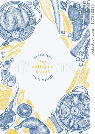Collagen Diet Design Template. Vector Hand Drawn Healthy Food Banner. Vintage Style Collagen Bust  Menu Illustration. 127858889