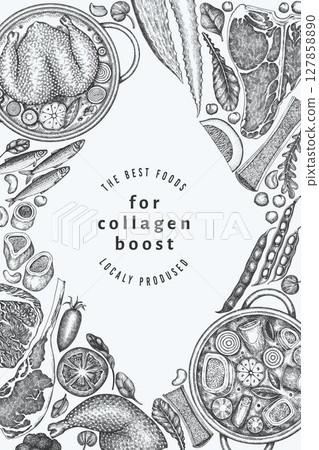 Collagen Diet Design Template. Vector Hand Drawn Healthy Food Banner. Vintage Style Collagen Bust  Menu Illustration. 127858890