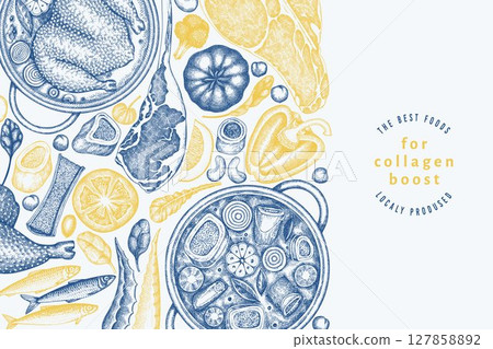 Collagen Diet Design Template. Vector Hand Drawn Healthy Food Banner. Vintage Style Collagen Bust  Menu Illustration. 127858892