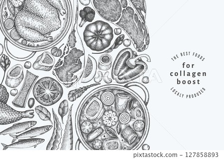 Collagen Diet Design Template. Vector Hand Drawn Healthy Food Banner. Vintage Style Collagen Bust Menu Illustration. Collagen Diet Design Template. Vector Hand Drawn Healthy Food Banner. Vintage Style Collagen Bust Menu Illustration. 127858893