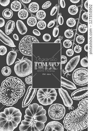Hand Drawn Chalk Board Tomato Illustration. Retro Vegetable Vector Design Template. Old School Farm Food. 127858902