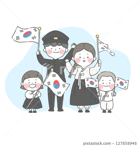 Illustration of students waving the national flag of korea(Taegeukgi) Illustration of students waving the national flag of korea(Taegeukgi) 127858948