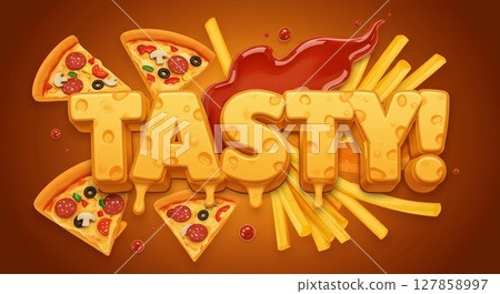 Tasty feast with pizza, french fries, and ketchup design for restaurant decor 127858997