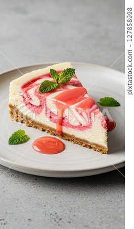 Delicious raspberry swirl cheesecake slice with fresh mint garnish on plate for dessert 127858998