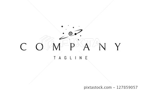 A vector logo featuring an abstract image a planet with a curved orbit line set against a starry background. 127859057