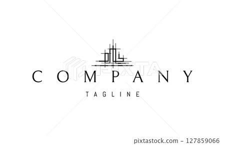 A vector logo featuring an abstract image a technical blueprint of a building under construction with precise lines and structural details. 127859066