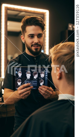 Modern barber shop technology and virtual hair styling consultation experience 127859116