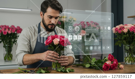 Florist arranging bouquet with futuristic augmented reality technology in modern shop 127859117