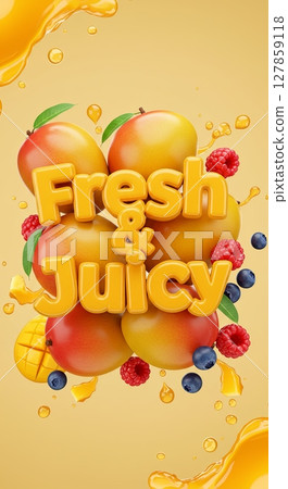 Fresh and juicy fruit design with mangos, berries, and splash elements for beverage promotion Fresh and juicy fruit design with mangos, berries, and splash elements for beverage promotion 127859118