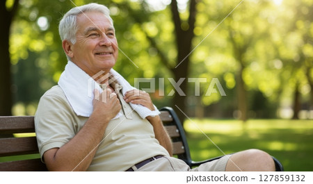 Relaxed senior man enjoying a healthy lifestyle in a sunny park 127859132