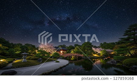 星空下美麗的日本花園 127859168