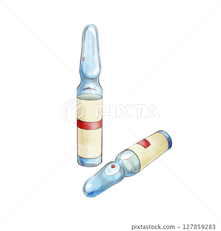 Two glass pharmaceutical injection ampoules with transparent liquid and yellow label.One ampoule is lying down.Watercolor style illustration on white. Outline sketch for healthcare and medicine design Two glass pharmaceutical injection ampoules with transparent liquid and yellow label.One ampoule is lying down.Watercolor style illustration on white. Outline sketch for healthcare and medicine design 127859283