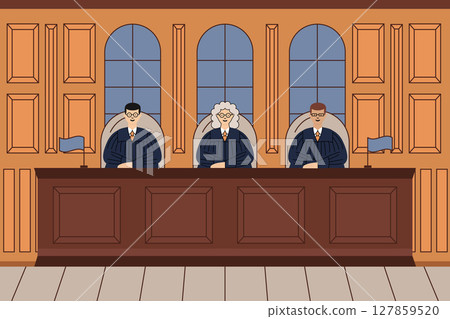 Courtroom illustration featuring three judges seated behind a large desk. Courtroom illustration featuring three judges seated behind a large desk. 127859520
