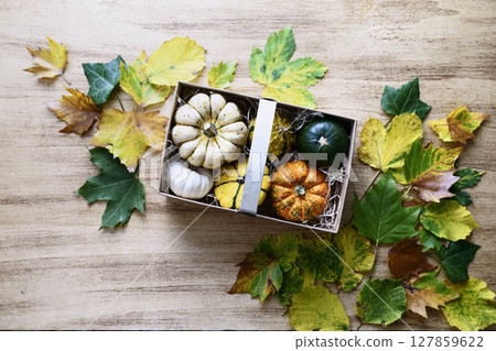 Wicker basket with pumpkin harvest 127859622