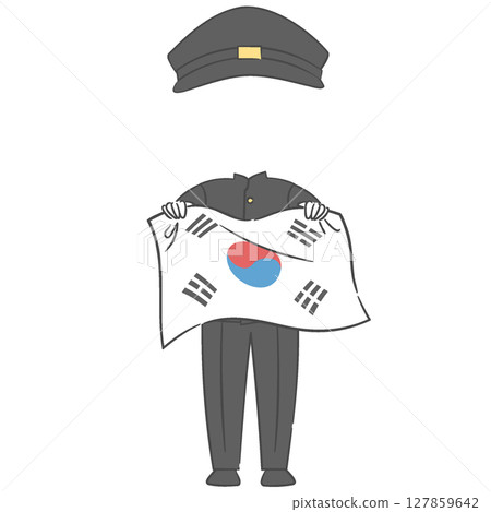 A character in old Korean attire holding the national flag, with a face cutout 127859642
