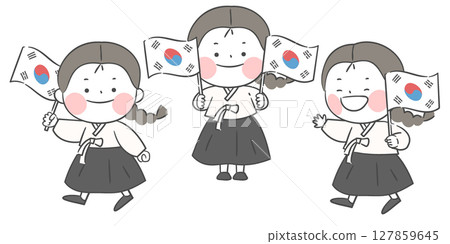 An illustration of a girl holding the Korean national flag 127859645