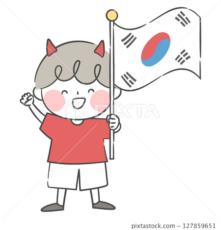 A character of a child cheering while holding the Taegukgi 127859651