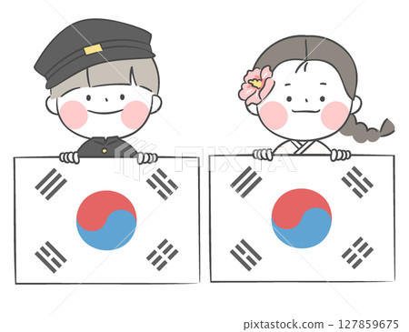 An illustration of Student holding the Korean national flag 127859675
