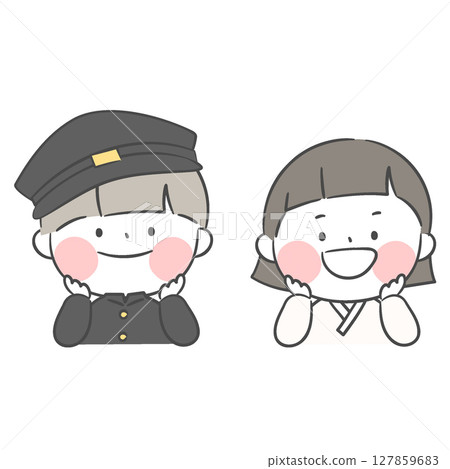 An illustration of a girl with short hair and a boy in an old school uniform 127859683