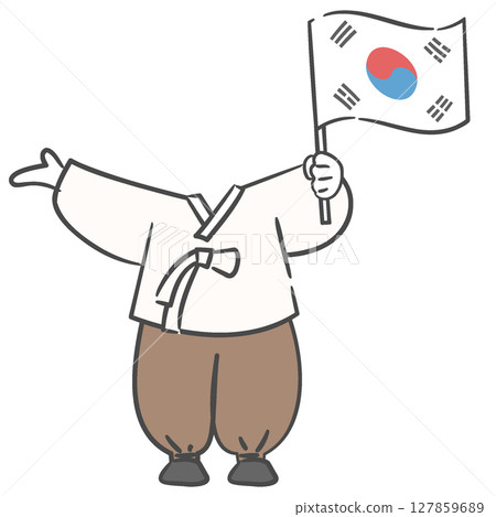 A character in old Korean attire holding the national flag, with a face cutout 127859689