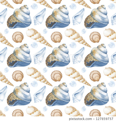 Watercolor seamless pattern with seashells on a white background. Watercolor illustration. Seamless background. For wallpaper design, packaging, wrapping paper, scrapbooking. Watercolor seamless pattern with seashells on a white background. Watercolor illustration. Seamless background. For wallpaper design, packaging, wrapping paper, scrapbooking. 127859737