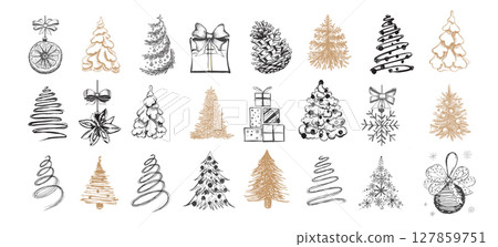 Christmas tree, ball set. Hand drawn illustration. Christmas tree, ball set. Hand drawn illustration. 127859751