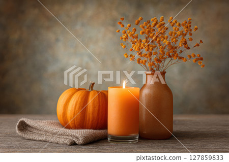 Pumpkin and romantic autumn. Cozy autumn scene with small pumpkin, lit orange candle, and vase of dried flowers on wooden table 127859833