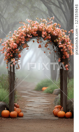 Pumpkin and romantic autumn. Misty path with floral arch adorned with pink flowers and surrounded by pumpkins 127859848