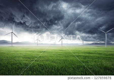 Dramatic Wind Turbines on Green Field Beneath Stormy Sky with Mountains in the Distance 127859878