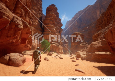 Adventurous Traveler Walking Through Stunning Desert Canyon Landscape Under Bright Blue Sky Adventurous Traveler Walking Through Stunning Desert Canyon Landscape Under Bright Blue Sky 127859879