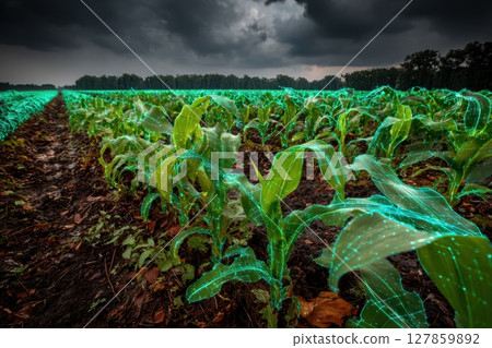 Augmented Reality View of Farm Fields Showcasing Temperature Data on Crop Growth Efficiency Augmented Reality View of Farm Fields Showcasing Temperature Data on Crop Growth Efficiency 127859892